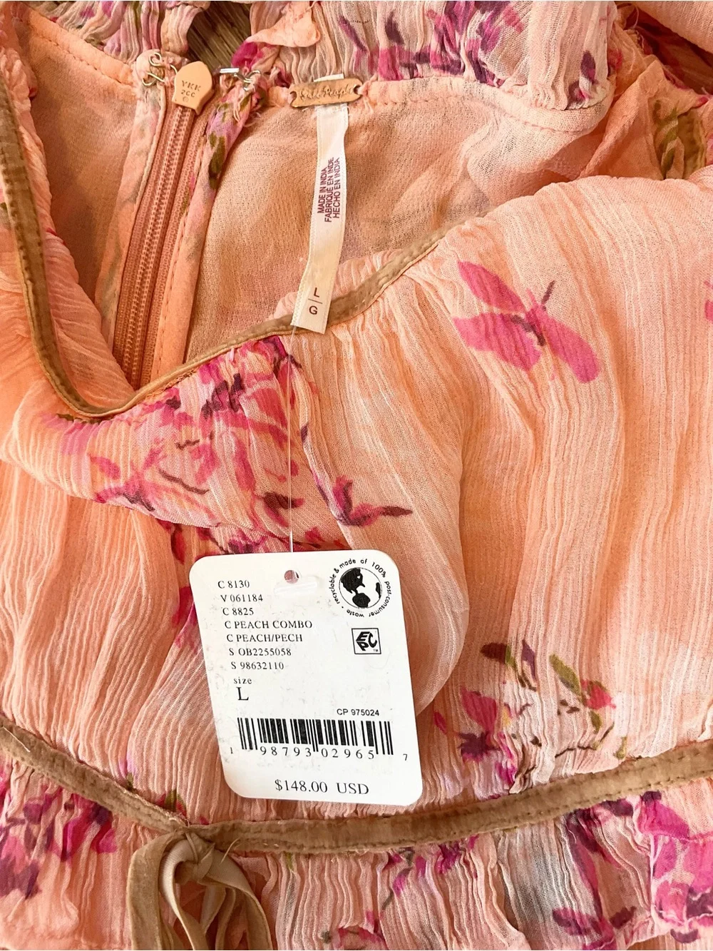 Free People Marney Floral Mini Dress In Peach Combo Size Large NWT